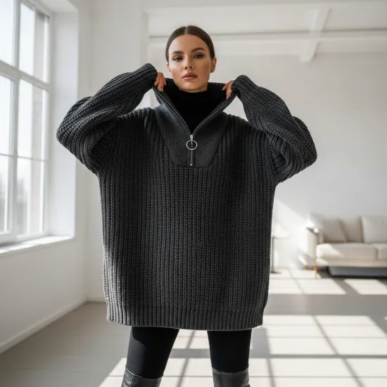 Riva Yarım Fermuarlı Selanik Örgü Oversize Kazak