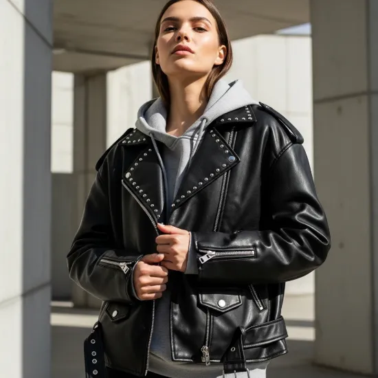 Raven Fermuar Detaylı Suni Deri Biker Ceket