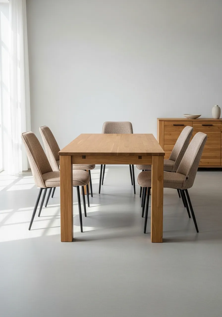 Lira Modern 6 Kişilik Yemek Odası Takımı – Doğal Meşe ve Krem Sandalyeler