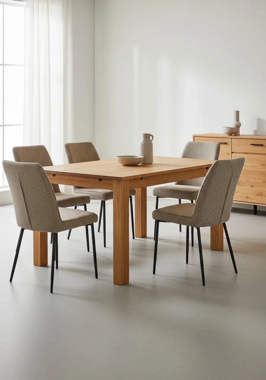 Lira Modern 6 Kişilik Yemek Odası Takımı – Doğal Meşe ve Krem Sandalyeler