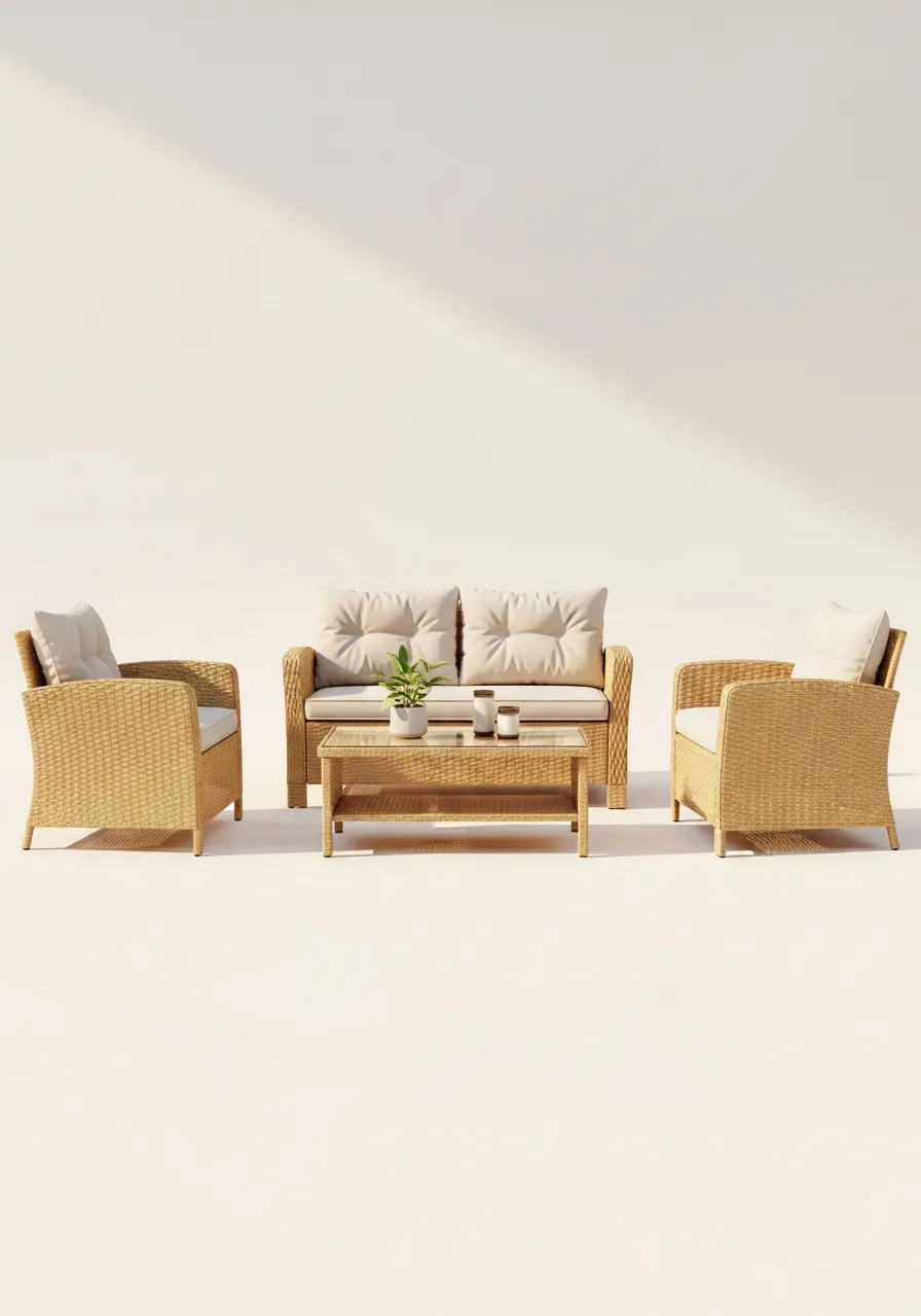 Bahama Naturel Bambu Görünümlü Rattan Bahçe & Balkon Oturma Seti