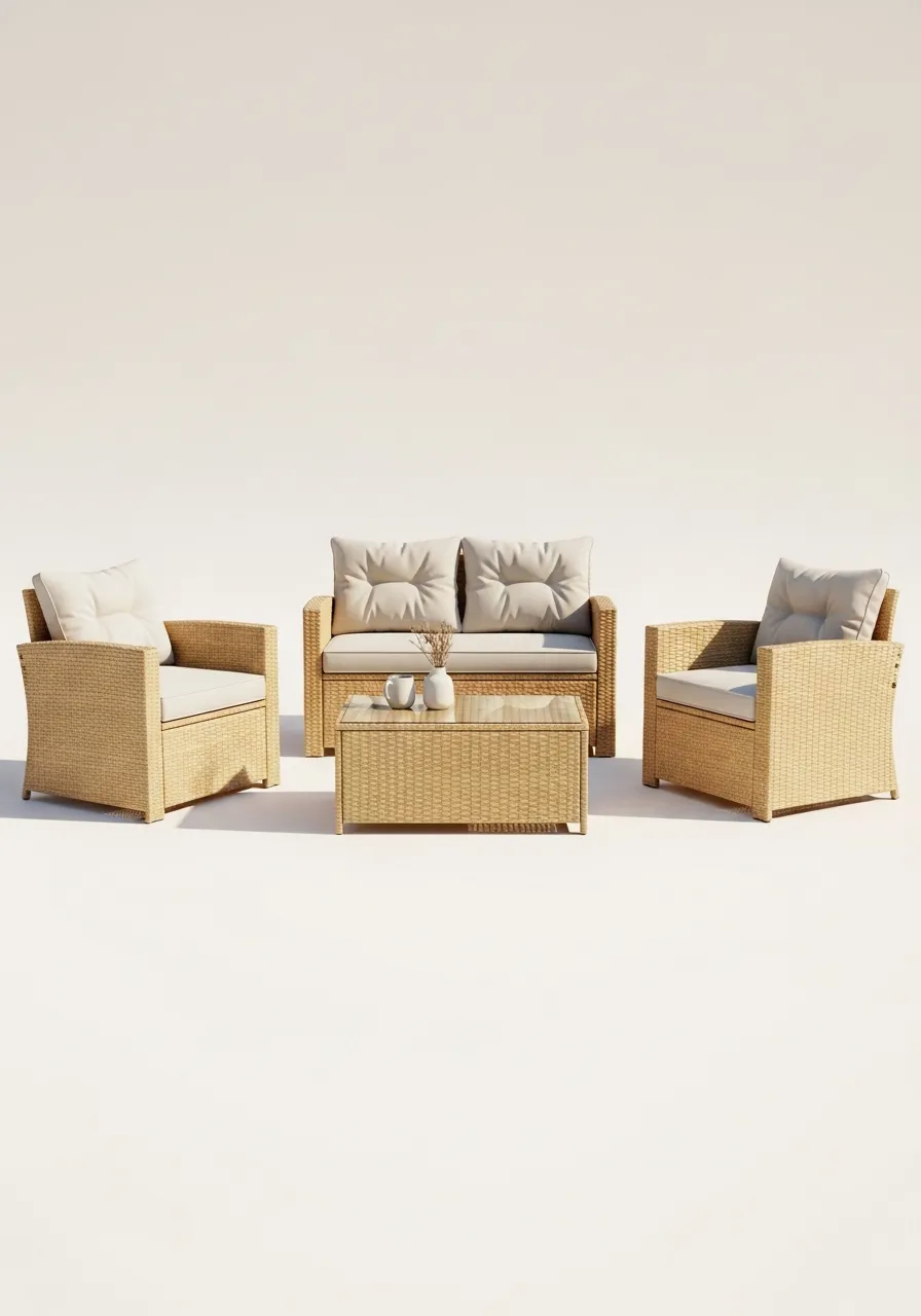Bahama Naturel Bambu Görünümlü Rattan Bahçe & Balkon Oturma Seti