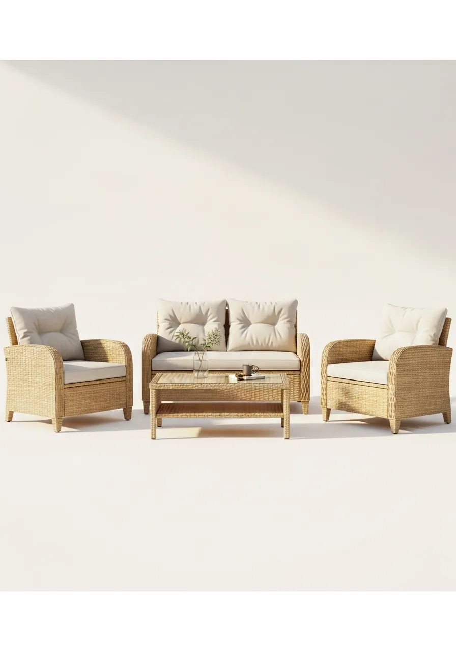 Bahama Naturel Bambu Görünümlü Rattan Bahçe & Balkon Oturma Seti