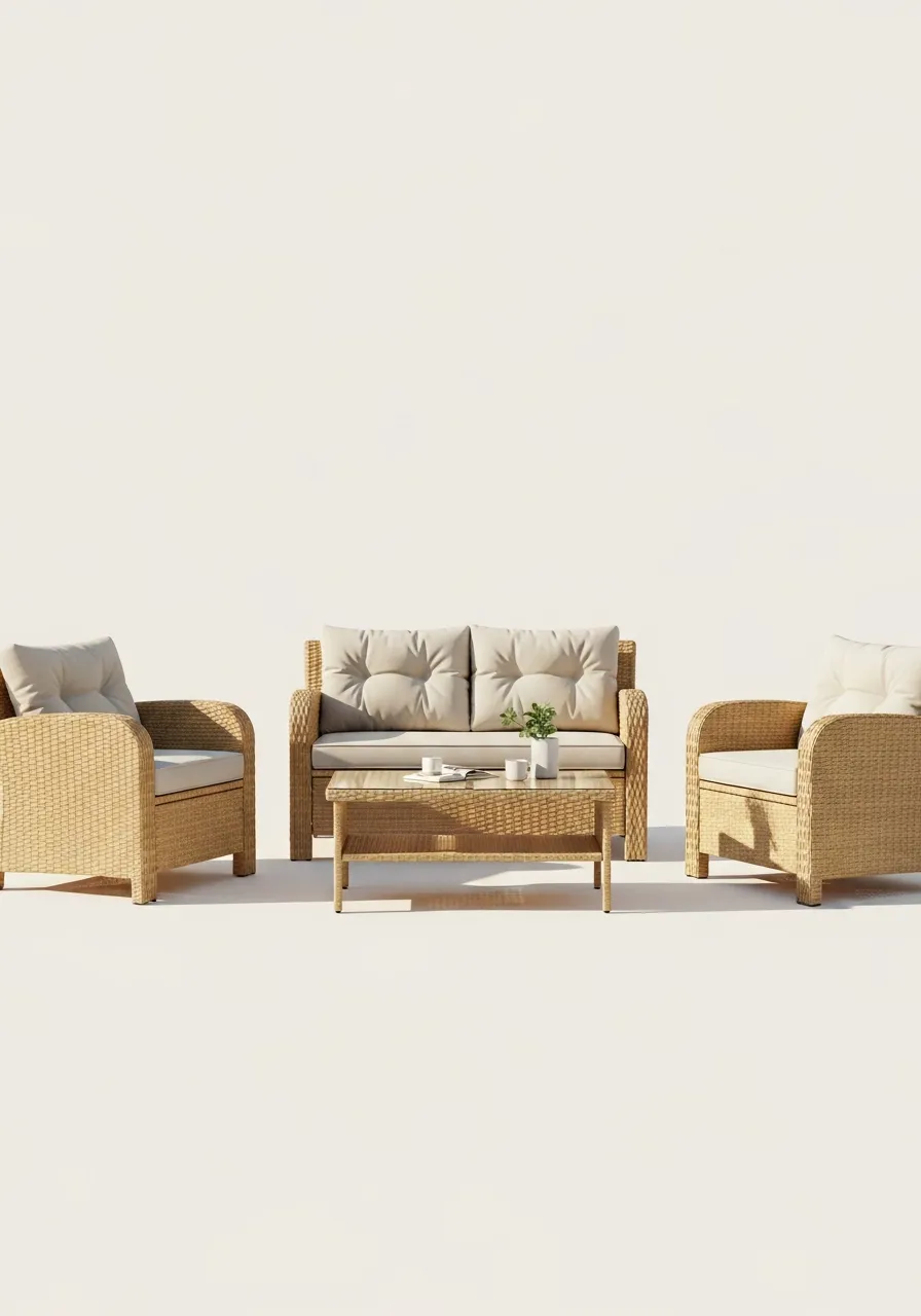 Bahama Naturel Bambu Görünümlü Rattan Bahçe & Balkon Oturma Seti